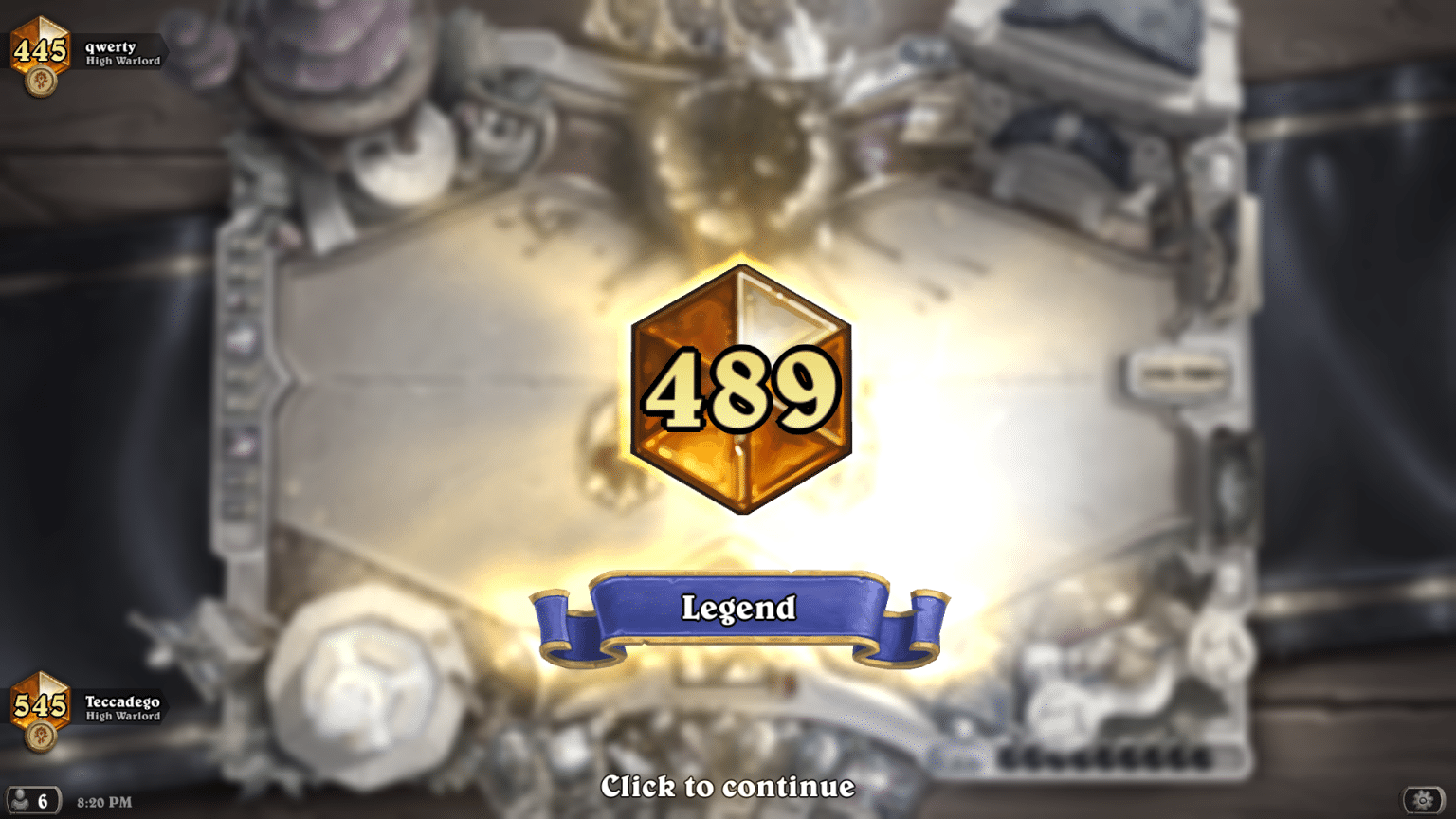 Owl OTK Warlock 489 Legend Teccadego (Score 70) Hearthstone