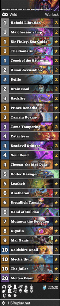 Renathal Mecha'thun Warlock #400 Legend (Score: 5-2)