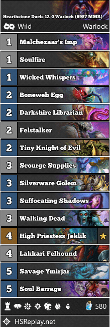 Hearthstone Duels 12-0 Warlock (6987 MMR)