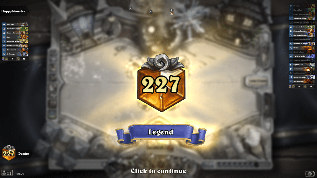 Hand Warlock 227 Legend Brad (Score 442) Hearthstone Classic Decks