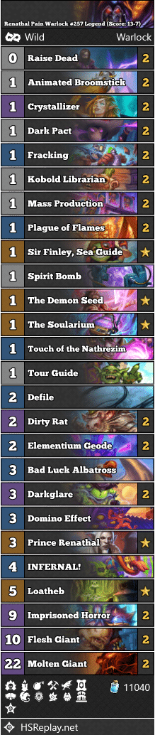 Renathal Pain Warlock #257 Legend (Score: 13-7)