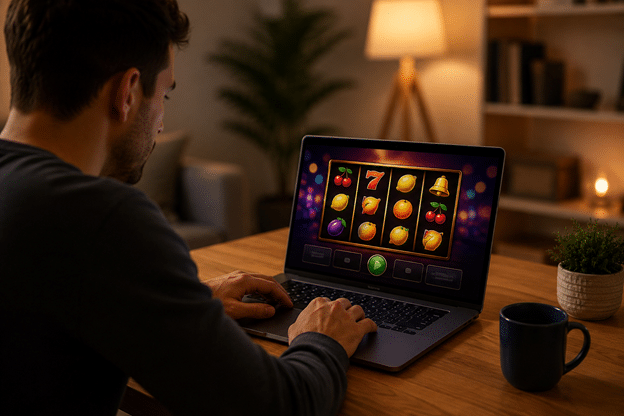 Person using a laptop at home while playing an online slot game in a cozy living room. Original image